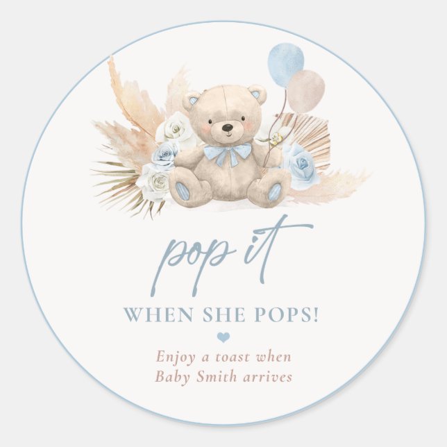 Pop It When She Pops Boho Teddy Bear Blue Favour Classic Round Sticker (Front)