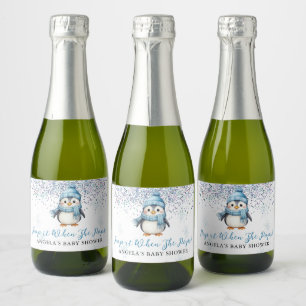 Pop it When She Pops Cute Boy Penguin Winter  Sparkling Wine Label