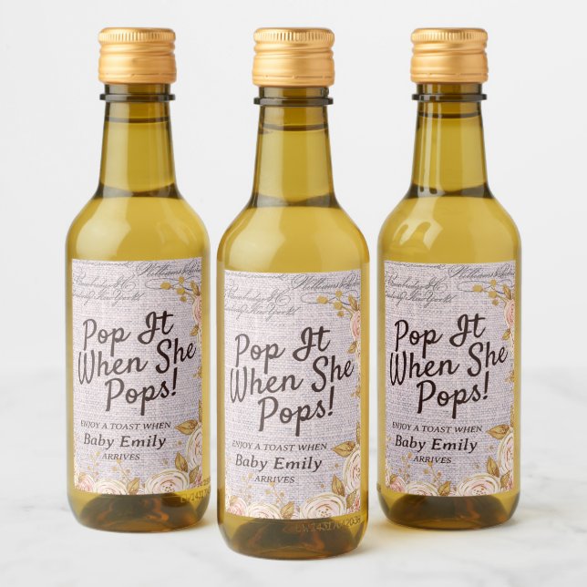 Pop It When She Pops Elegant Floral Paris Wine Label (Bottles)