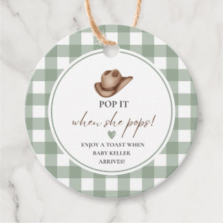 Pop it when she Pops Green Gingham Cowboy  Favour Tags