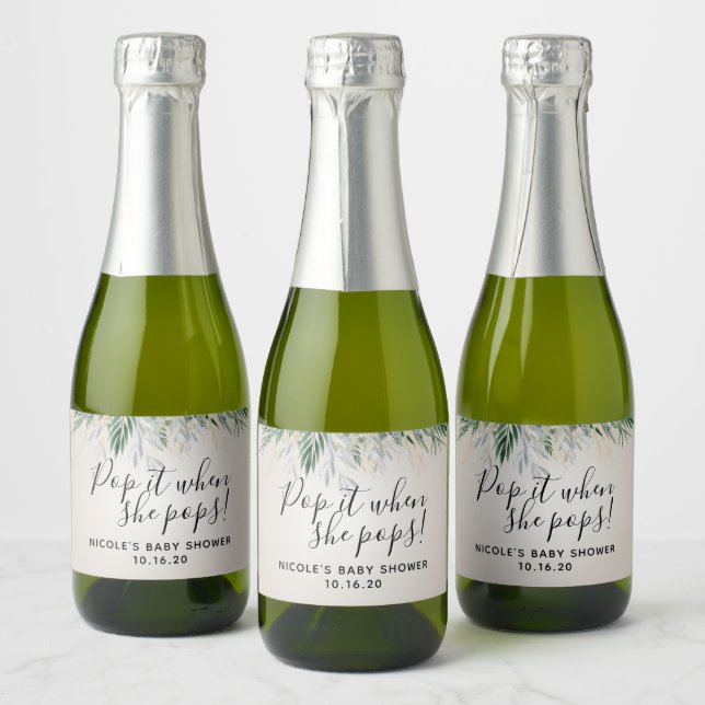 Pop it When She Pops Greenery Baby Shower Favour C Sparkling Wine Label (Bottles)
