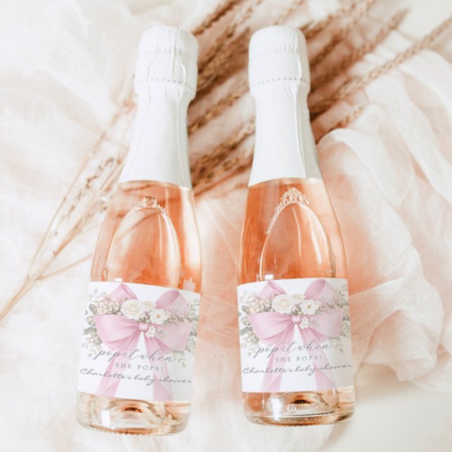 Pop it When She pops Pink Eucalyptus Bow Sparkling Wine Label (Creator Uploaded)