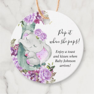 Pop it when she pops purple elephant baby shower favour tags