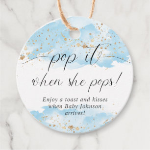 Pop it when she pops watercolor blue gold white favour tags