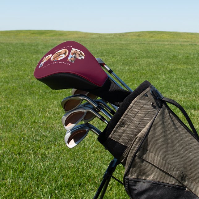 Pop multi photo modern typography burgundy gift golf head cover (In Situ)