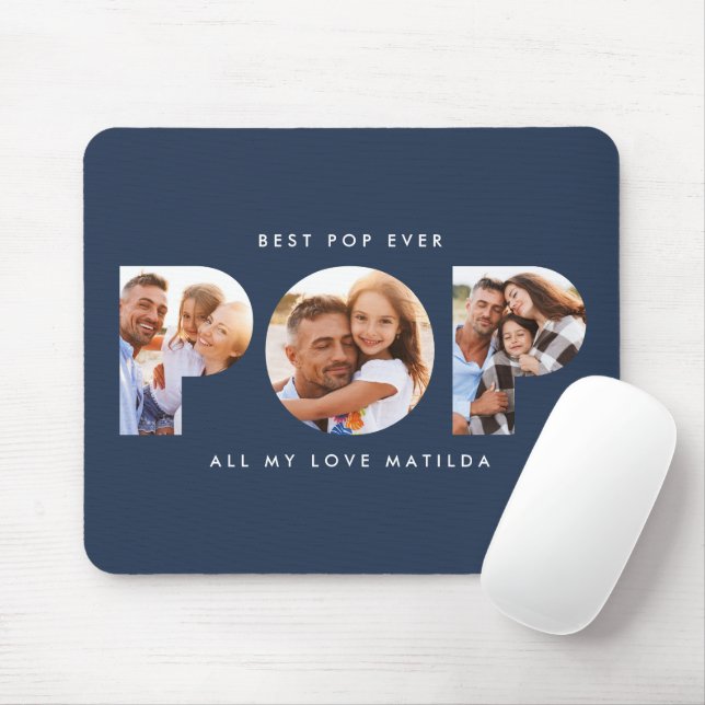 Pop multi photo modern typography navy blue mouse pad (With Mouse)