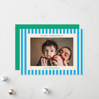 Pop of Blue Stripe One Photo Christmas Holiday Card