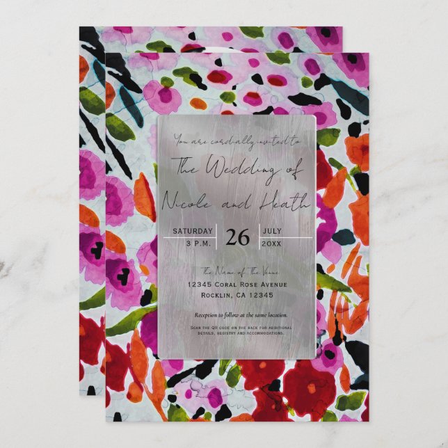Pop of Bold Colour Inky Watercolor Flowers Wedding Invitation (Front/Back)
