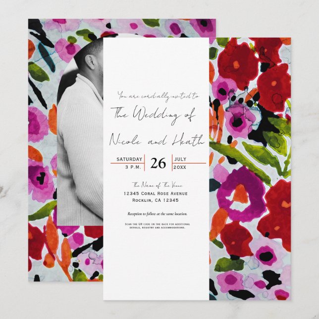 Pop of Bold Colour Inky Watercolor Flowers Wedding Invitation (Front/Back)