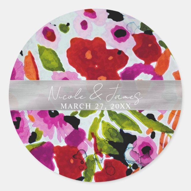 Pop of Bold Colour Watercolor Flowers Classic Round Sticker (Front)
