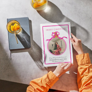 Pop of Pink Bow Coquette Christmas Photo Card