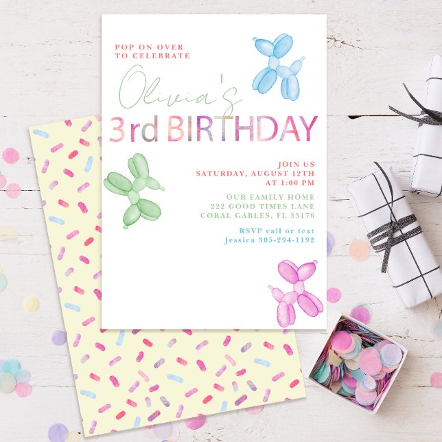 Pop On Over 3rd Birthday Balloon Dog Invite (gender neutral third birthday party invitation for kids)