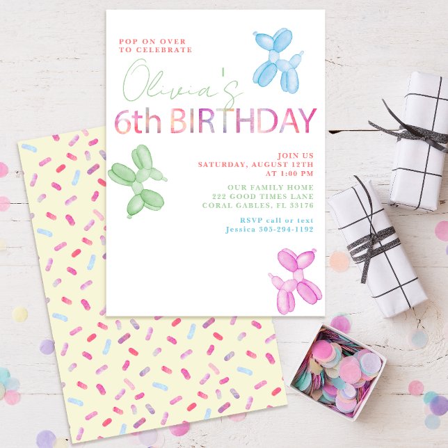 Pop On Over 6th Birthday Balloon Invite (watercolor balloon animal sixth birthday party invitations)