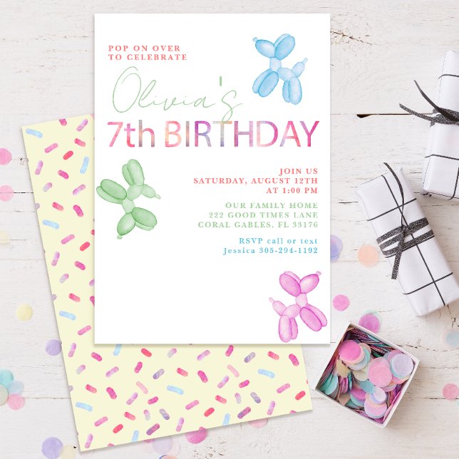 Pop On Over 7th Birthday Invite (cute pastel seventh birthday party invitations)