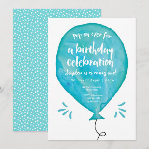 Pop on over Blue Balloon Birthday Invitation