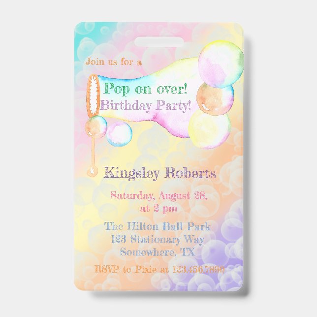 Pop On Over Bubbles Kids Birthday Party Invite  Badge (Front)