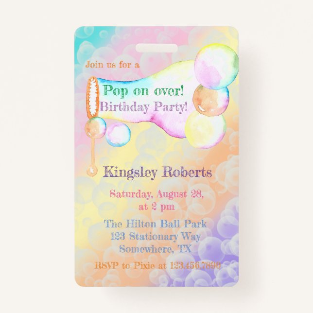 Pop On Over Bubbles Kids Birthday Party Invite  Badge (Front)