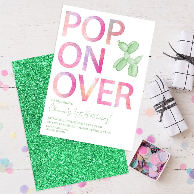 Pop On Over Green Balloon Dog Birthday Invite (green glitter gender neutral birthday party invitation )