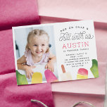 Pop On Over | Popsicle Kids Birthday Party Photo Invitation<br><div class="desc">Adorable party invitations for your little one's summer birthday party feature four watercolor popsicle illustrations in vibrant shades of pink and lime green, with "pop on over and chill with us" in whimsical script lettering. Personalize with your birthday party details beneath, and add a photo for a sweet finishing touch....</div>