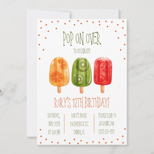 Pop on Over! Popsicle Themed Birthday Party Invitation (Front)