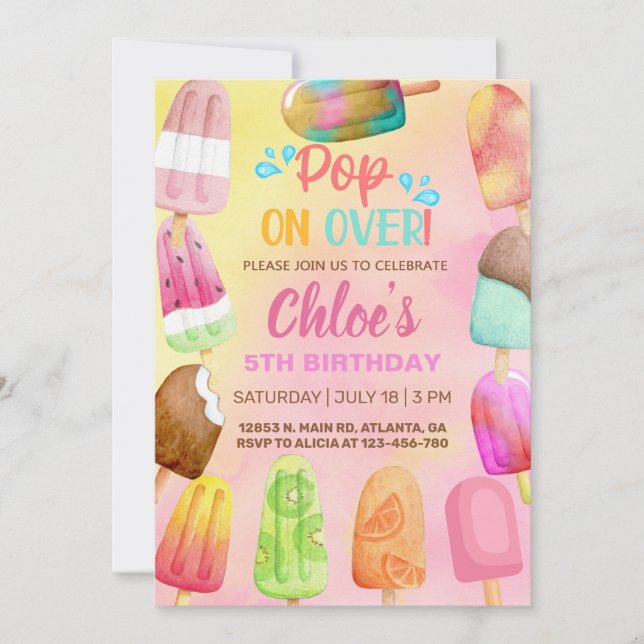 Pop on over popsicles summer birthday invite. invitation (Front)