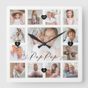 Pop Pop Script Family Memory Photo Grid Collage Square Wall Clock