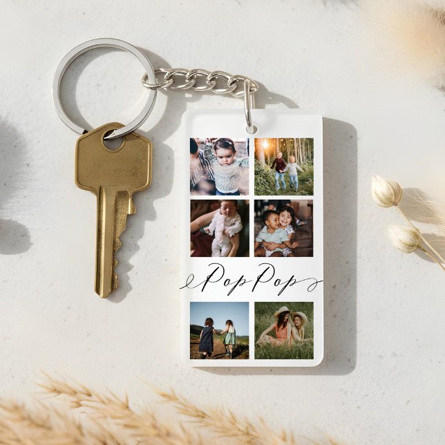 Pop Pop Script | Grandchildren Photo Grid Collage Keychain (Pop Pop Script | Grandchildren Photo Grid Collage Keychain)