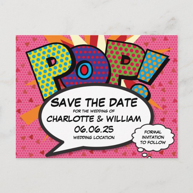 POP Save the Date Fun Retro Comic Book Pop Art Invitation Postcard (Front)
