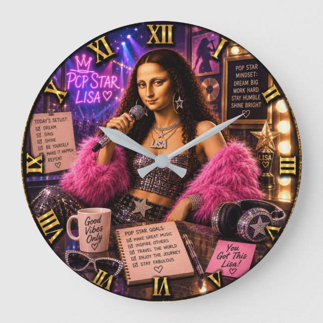 Pop Star Funny Mona Lisa Music Lover Gift Large Clock (Front)