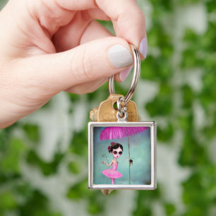 Pop Surrealism Pink Umbrella Ballerina Keychain