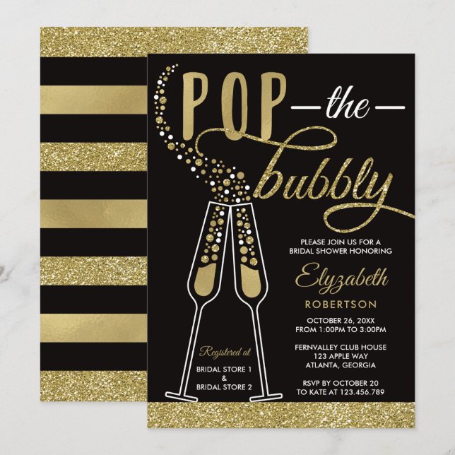 Pop The Bubbly Bridal Shower Invite, Faux Gold Invitation (Front/Back)