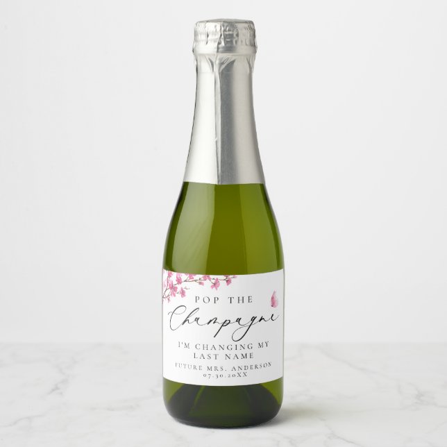 Pop The Champagne Cherry Blossom Pink Butterfly Sparkling Wine Label (Front)