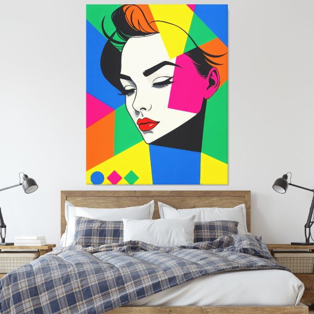 Popart Female Portrait Geometric Shapes Canvas Print (Insitu(Bedroom))