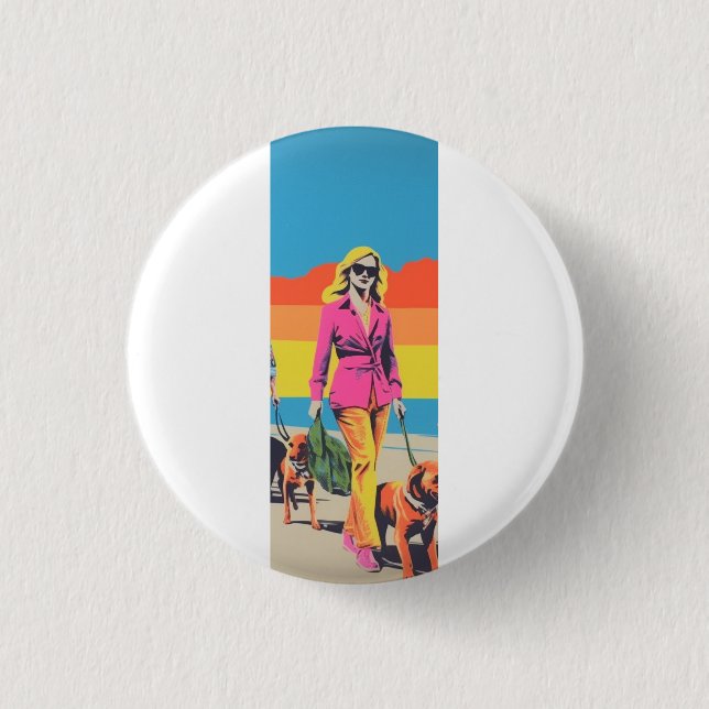 Popart style gift, beach dog walk 1 inch round button (Front)