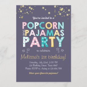 Popcorn and Pyjamas birthday invitation Sleepover
