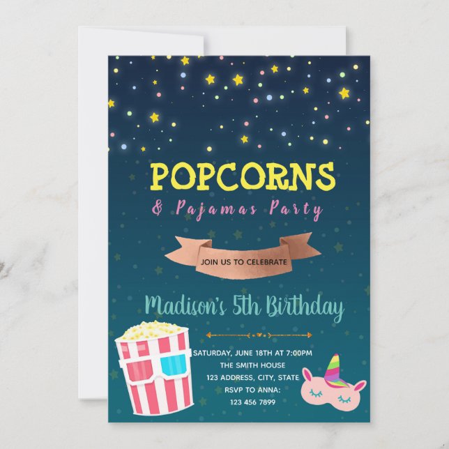 Popcorn and pyjamas invitation (Front)