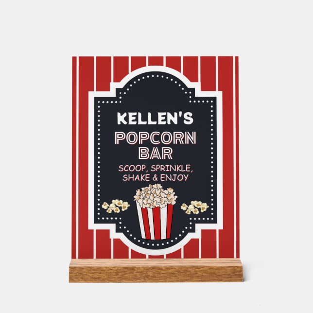 Popcorn Bar - Acrylic Table Sign for Party (Front)