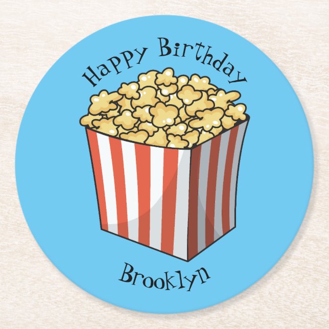 Popcorn cartoon illustration  round paper coaster (Front)