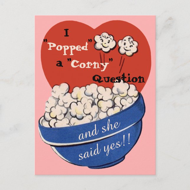 Popcorn Corny Question, Cute Retro Save the Date Announcement Postcard (Front)