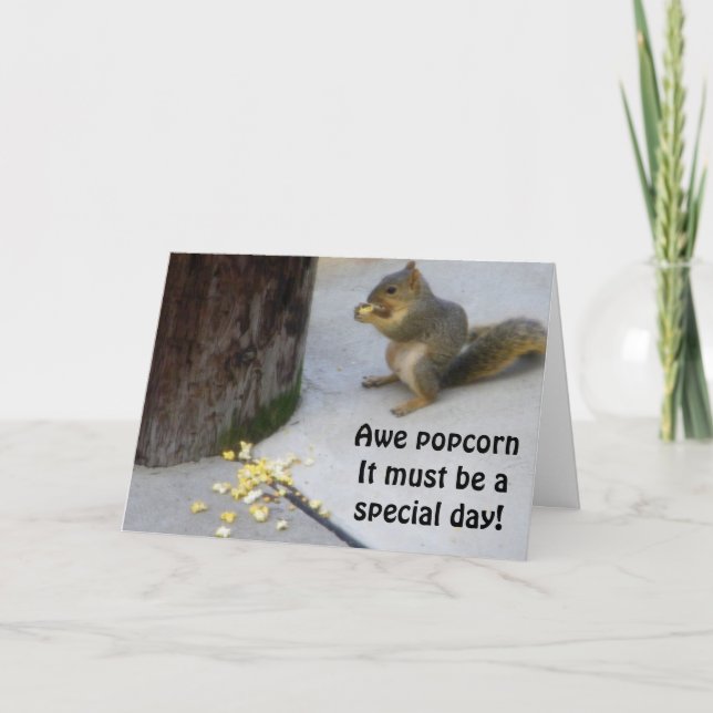 POPCORN EATING SQUIRREL BIRTHDAY GREETINGS CARD (Front)