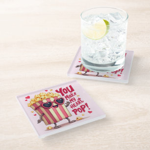 Popcorn Heart Pop Valentine Design Glass Coaster