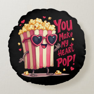 Popcorn Heart Pop Valentine Design Round Pillow