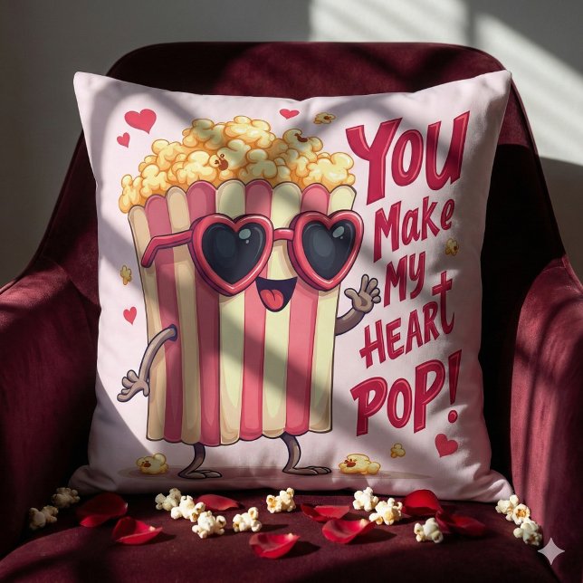 Popcorn Heart Pop Valentine Design Throw Pillow (Popcorn Heart Pop Valentine Design Throw Pillow Mockup A)