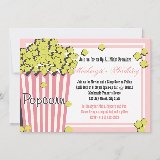 Popcorn Movie Sleepover Invitation (Front)