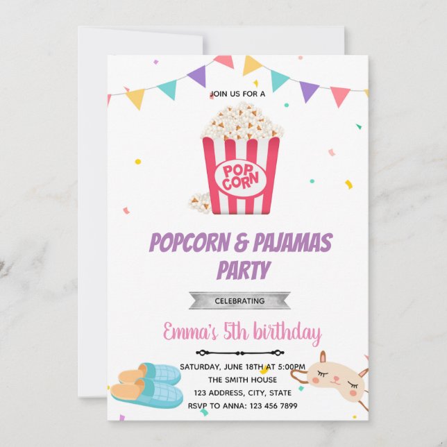 Popcorn pyjamas birthday invitation (Front)