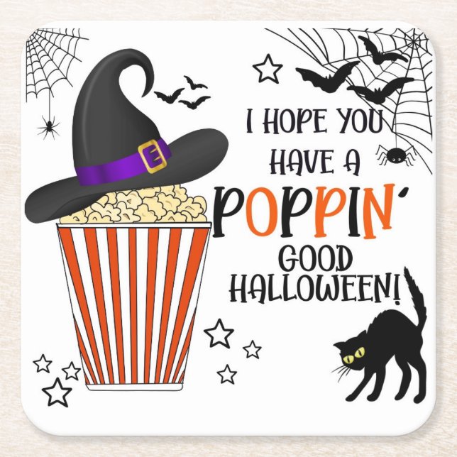 Popcorn trick or treat square sticker square paper coaster (Front)