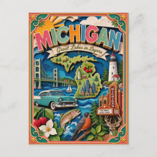 PopCut States Michigan Colourful 3D Paper Art Postcard