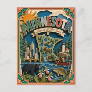 PopCut States Minnesota Colourful 3D Paper Art Postcard