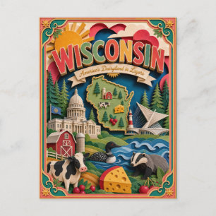 PopCut States Wisconsin Colourful 3D Paper Art Postcard