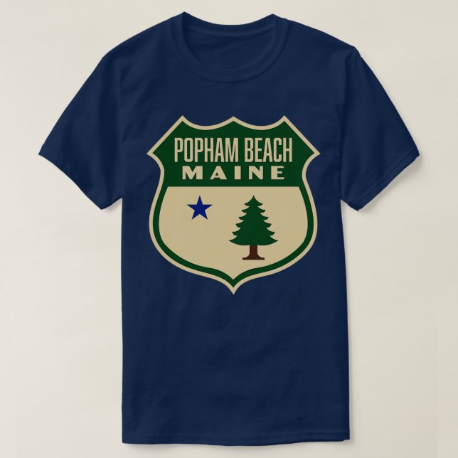 Popham Beach Maine Retro Pine Tree Shield Green T-Shirt (Design Front)